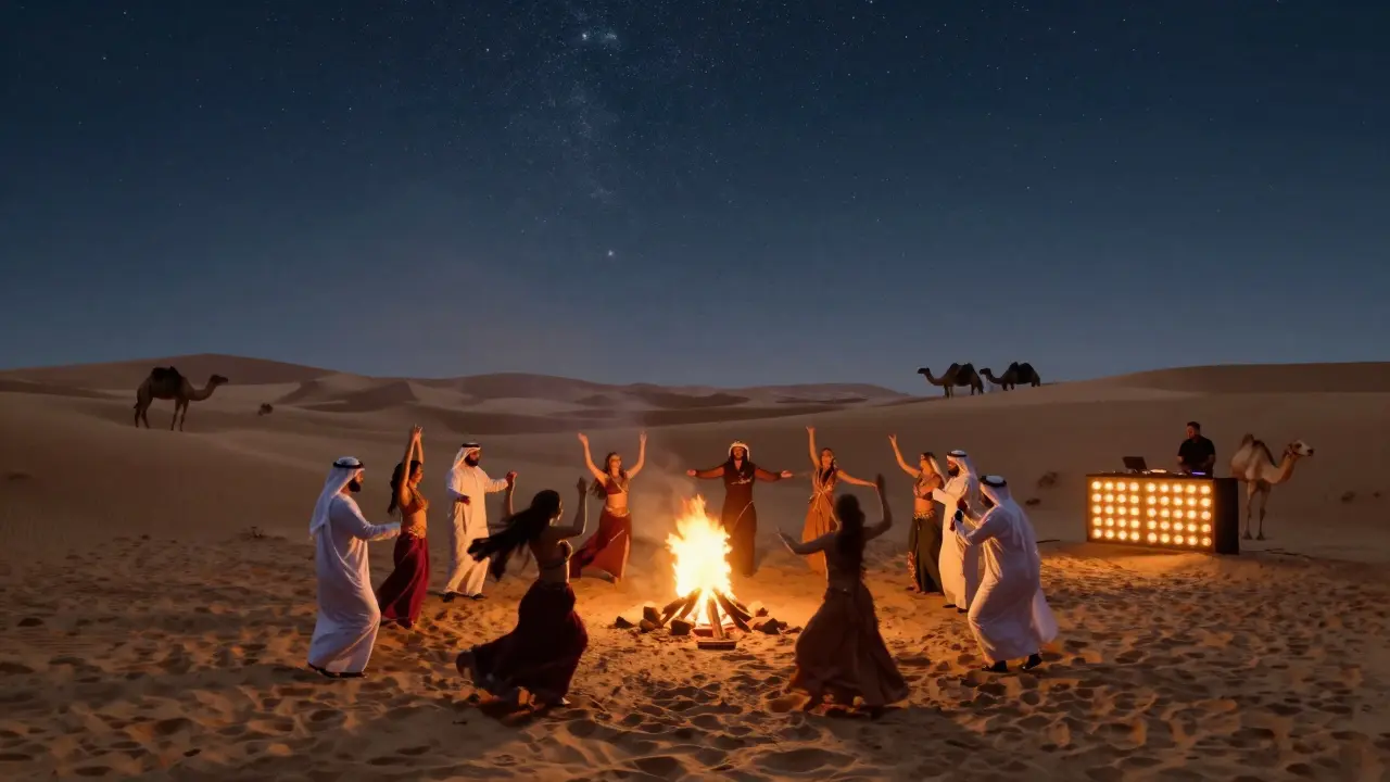 Desert party under stars with bonfire, dancers, and DJ booth surrounded by sand and camel silhouettes.