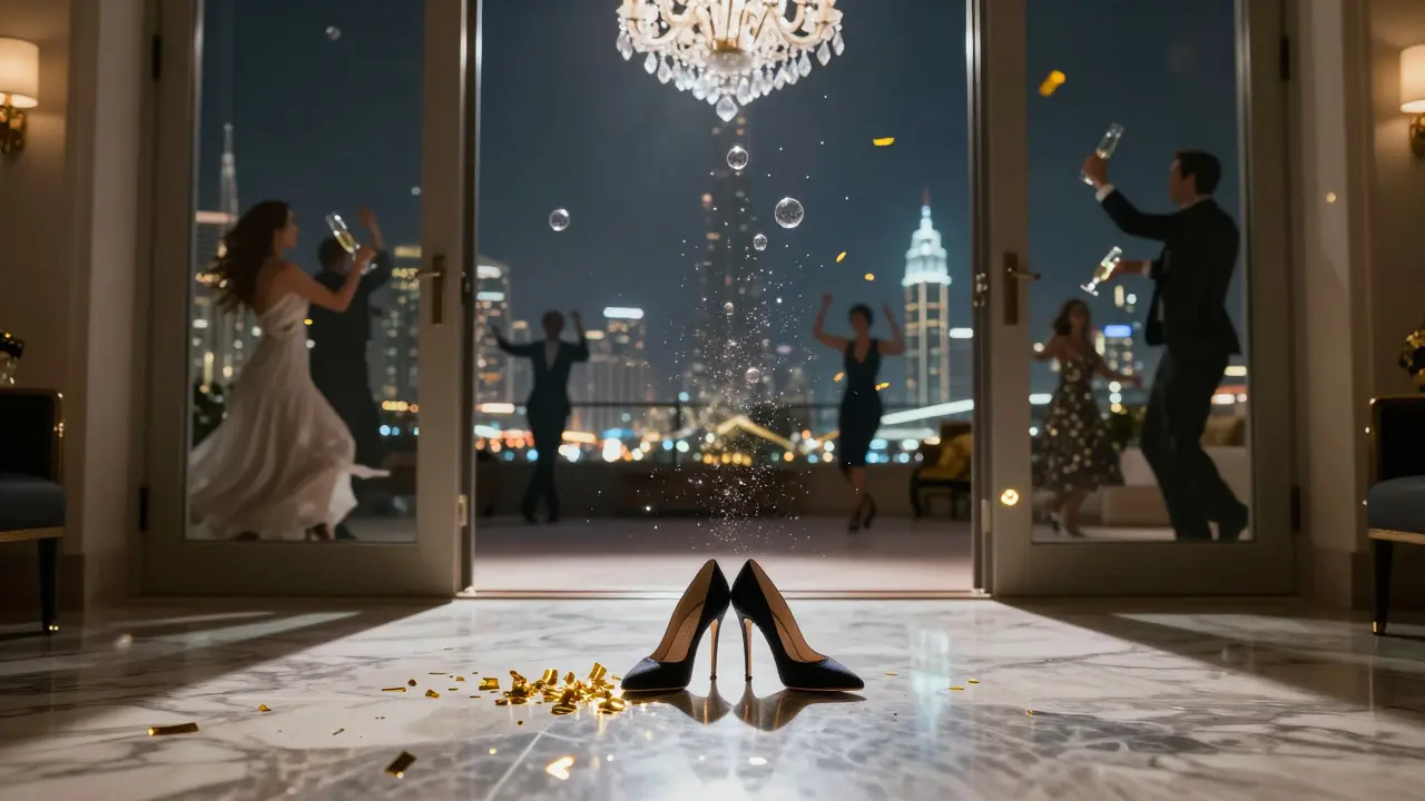 Designer heels on reflective marble with floating champagne bubbles and a crystal chandelier casting light toward a glowing terrace.