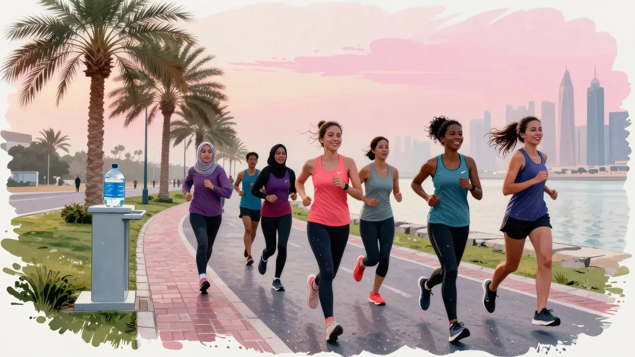 Diverse group of women running together at sunrise along Dubai Creek, palms and skyline in background.