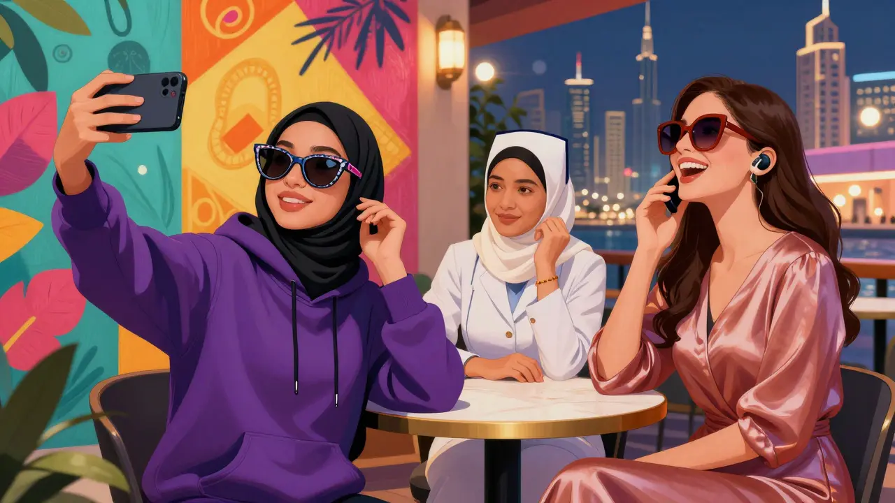 Diverse women in Dubai&#039;s City Walk: Emirati teen taking a selfie, nurse waiting at a café, expat laughing on phone.