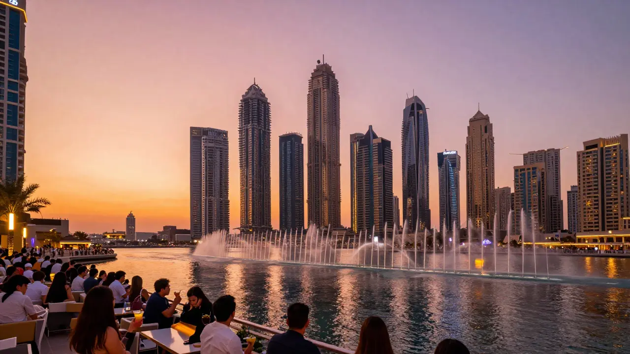Dubai Marina skyline at sunset with the fountain show lighting up the water below.