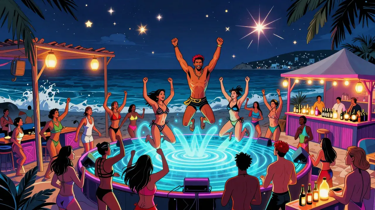 Electric midnight dance party at a Mykonos beach club with pulsing neon lights and a crowd jumping to bass-heavy beats.