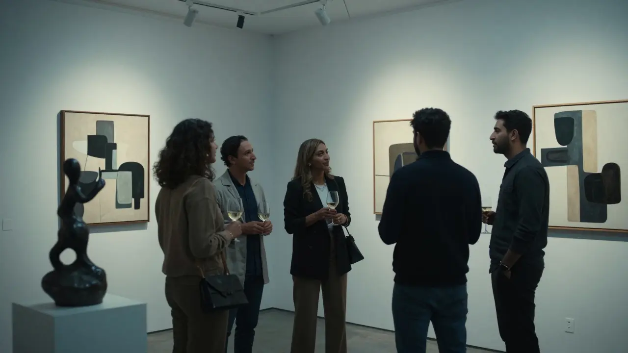 Expats engaging in thoughtful discussion at an art gallery opening in Alserkal Avenue.