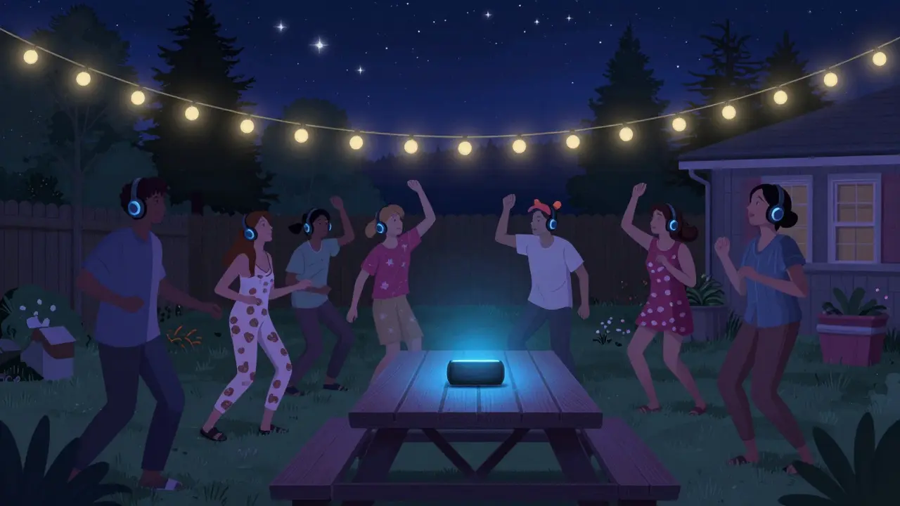 Group of people wearing headphones dancing in a backyard under string lights during a silent disco.