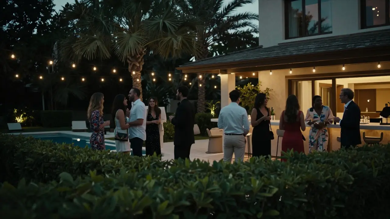 Guests mingling discreetly at a private villa party under string lights.