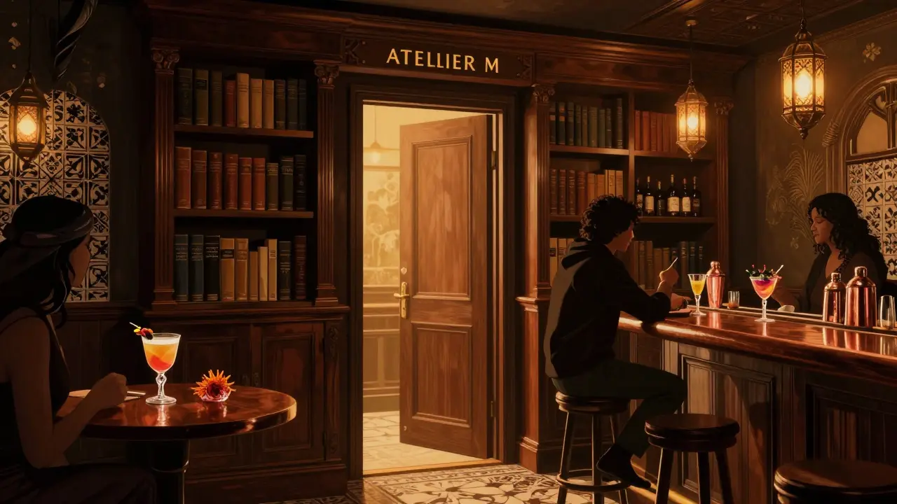 Hidden speakeasy bar Atelier M with patrons sipping craft cocktails behind a bookshelf door.