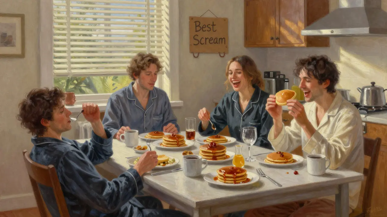 Late-night breakfast party with guests in pajamas eating pancakes, one asleep in a chair, warm morning light.