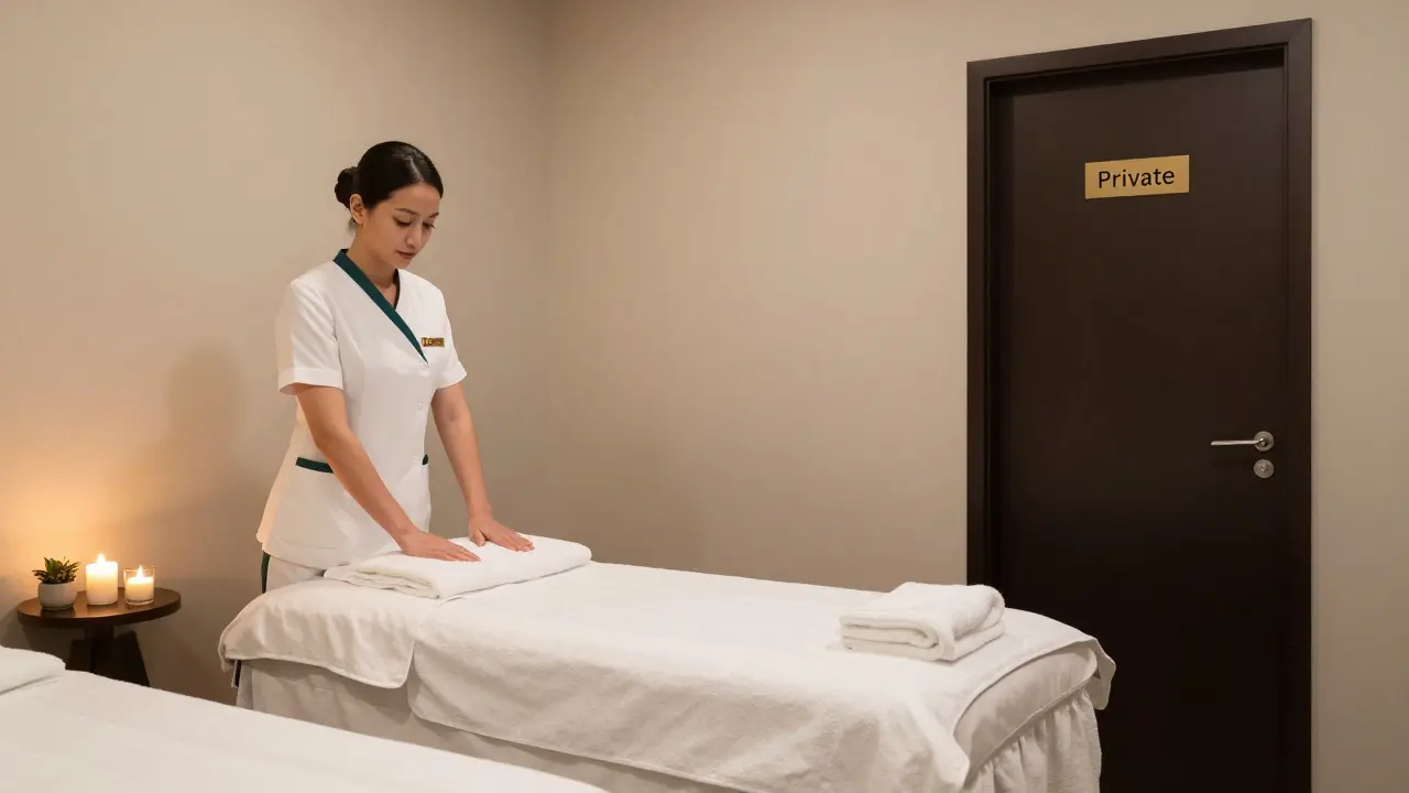 Licensed spa with professional staff and calming decor, contrasting a hidden door.