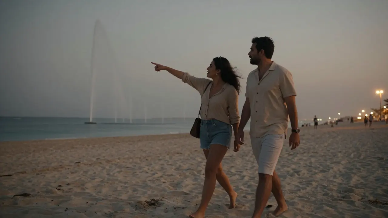Man and woman walking casually along Jumeirah Beach at dusk, talking quietly as the fountain sparkles in the distance.
