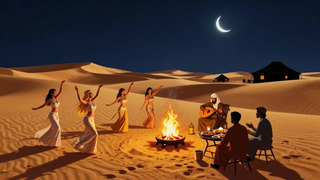 Nighttime desert safari with firelight, traditional music, and dancers under a starry sky.