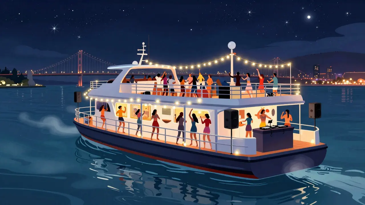 Nighttime party barge with dancing guests, LED lights, and city skyline in background.
