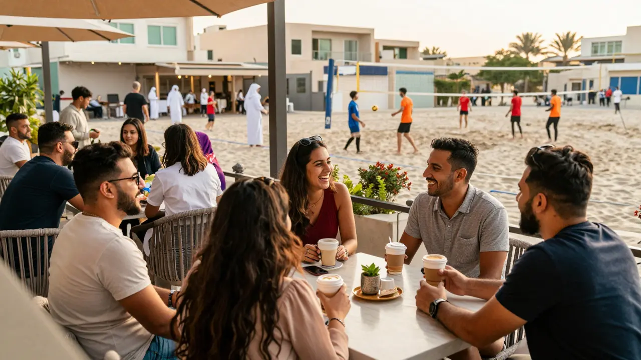 People socializing at a lively expat meetup in Dubai, enjoying coffee and outdoor activities in golden light.
