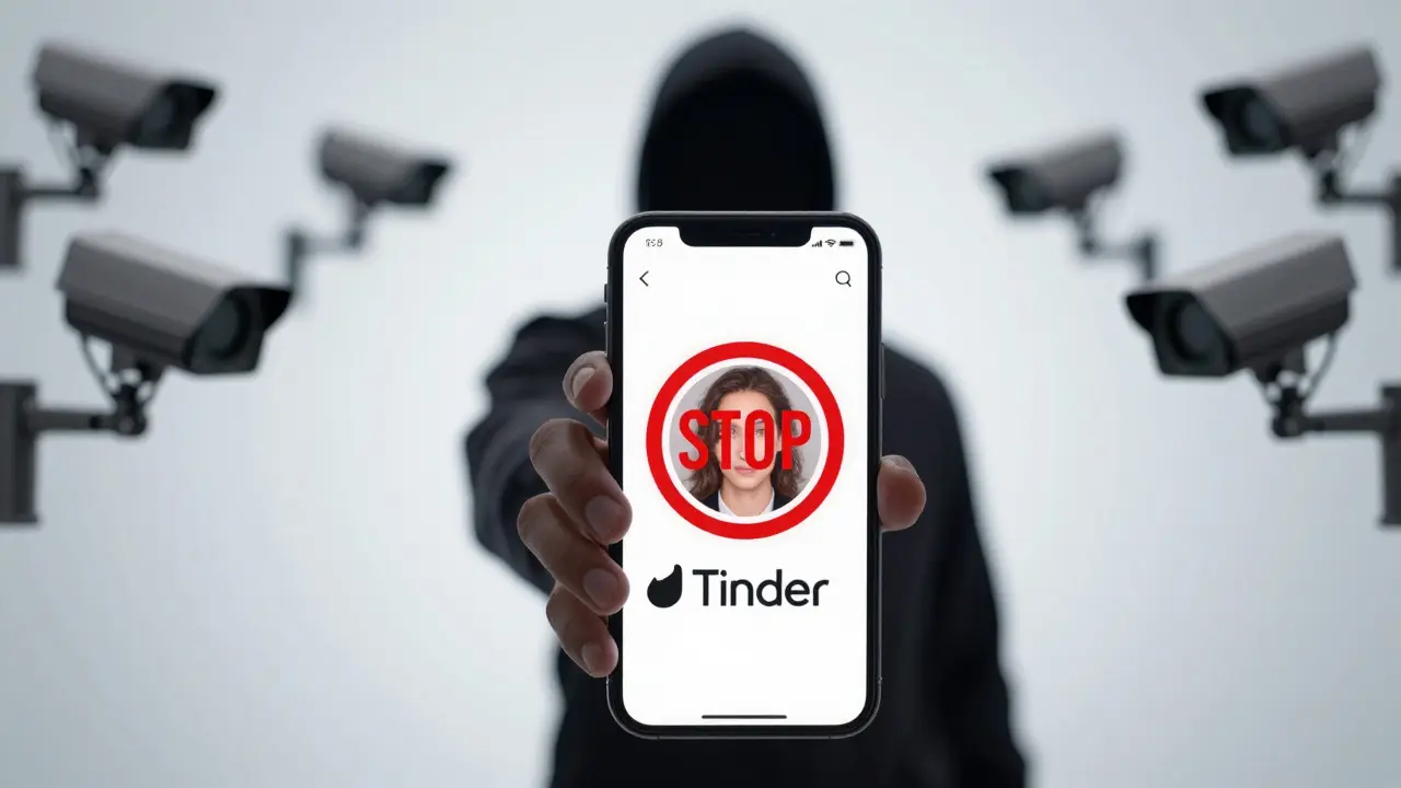 Shadowy figure being watched by surveillance cameras while using a dating app.