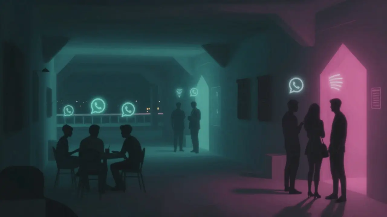 Shadowy figures meet in hidden Dubai nightlife spots with ghostly app icons floating nearby.
