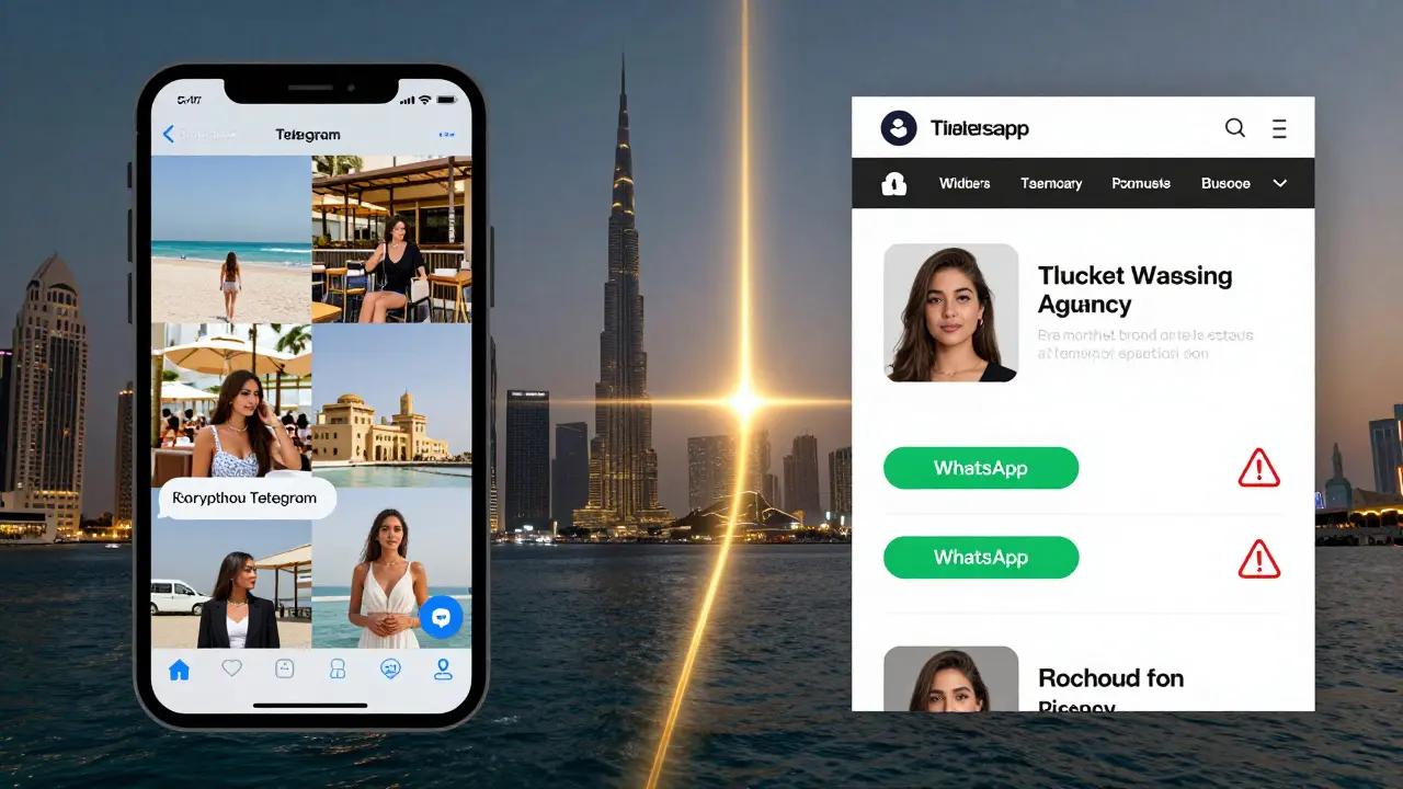 Split image contrasting authentic escort profile with fake agency website, symbolizing truth versus deception in Dubai companionship.