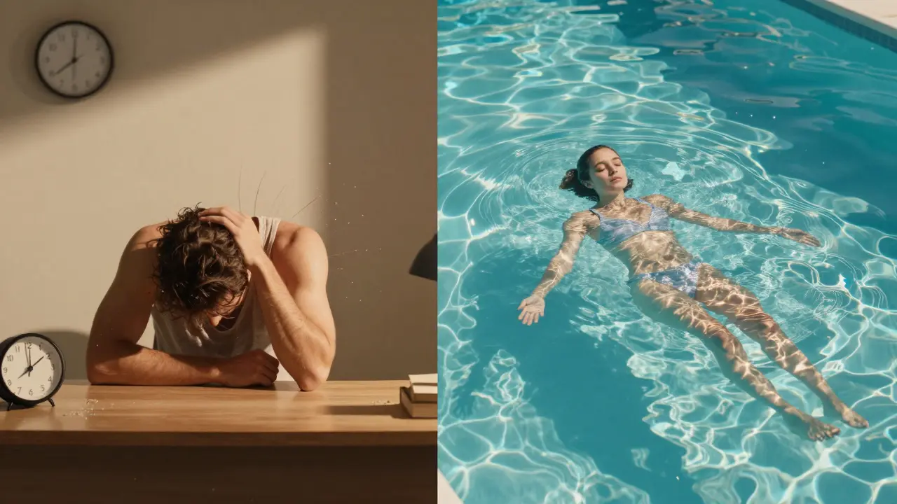 Split-image showing a stressed person on the left and the same person floating calmly in saltwater on the right, symbolizing transformation.