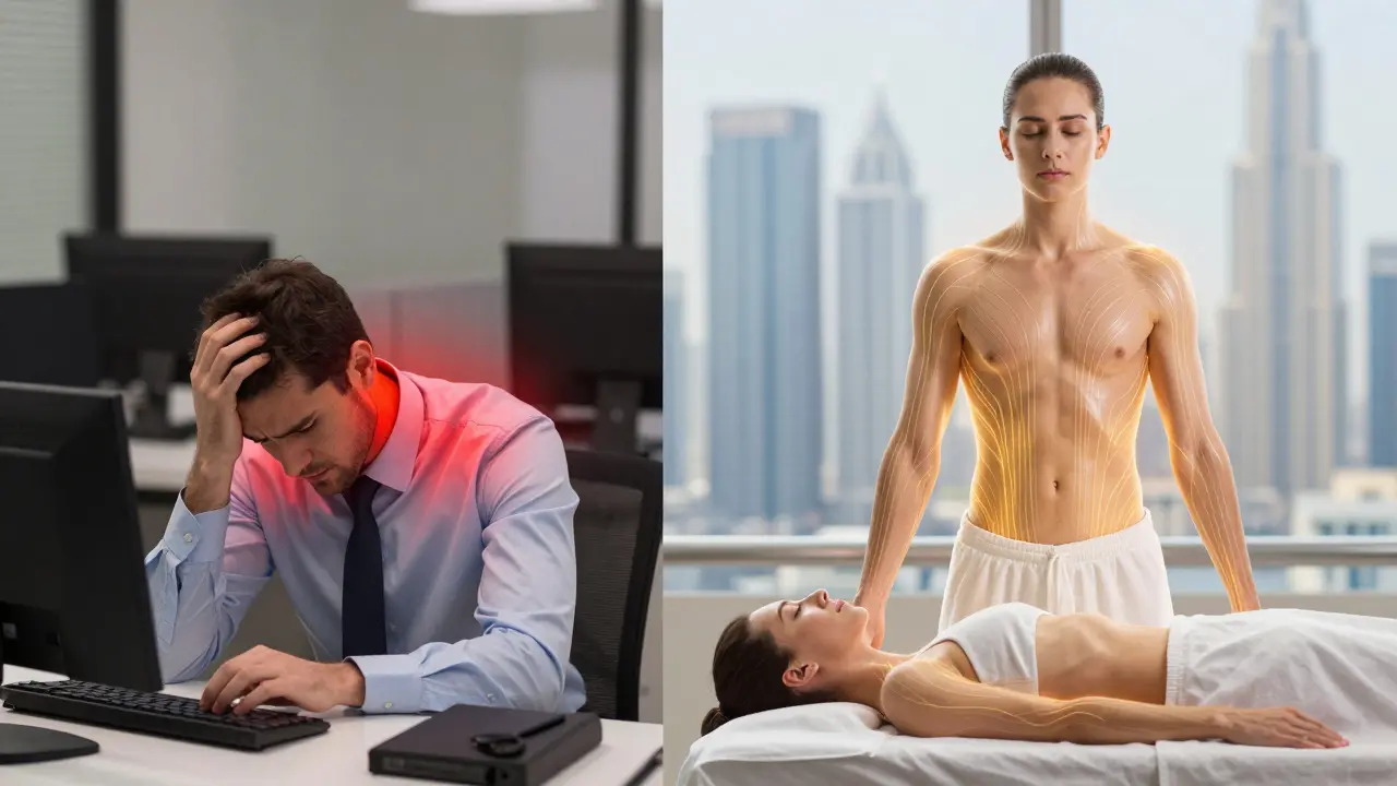 Split image showing transformation from stressed office worker to relaxed, energized person after Thai massage.