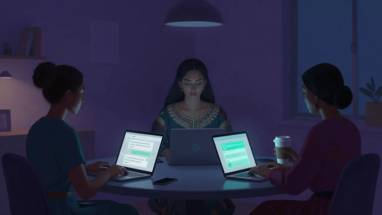 Three anonymous women in a quiet co-working space at night, connected through encrypted messages, soft ambient lighting.