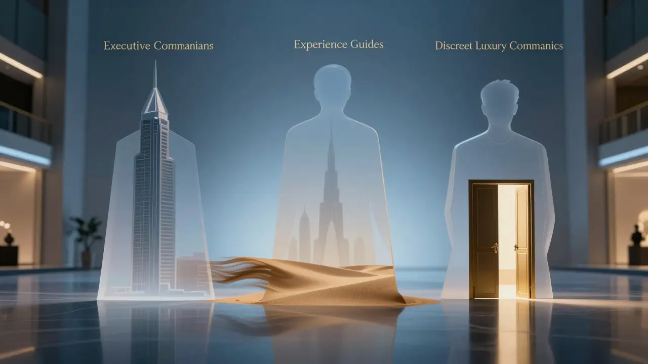 Three elegant silhouettes representing different types of Dubai companions, symbolizing luxury, culture, and discretion.