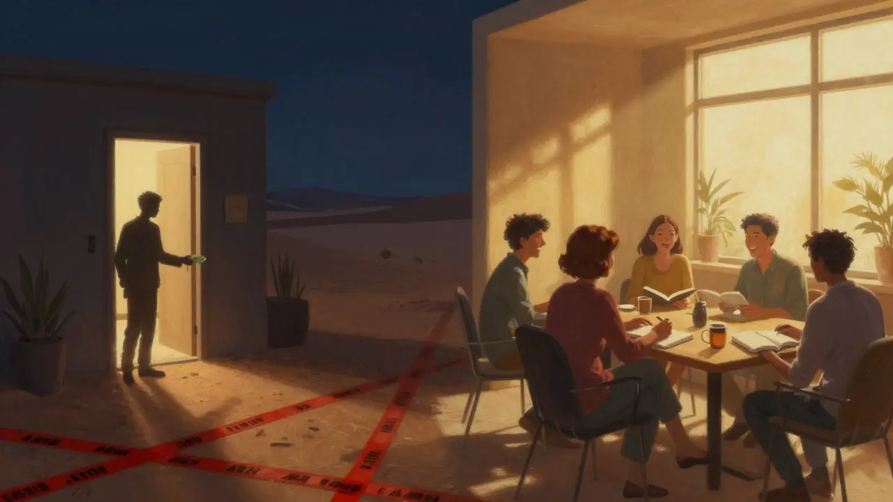 Two paths diverge: one leading to a shadowy illegal encounter, the other to a warm, legal gathering of people sharing tea and conversation.