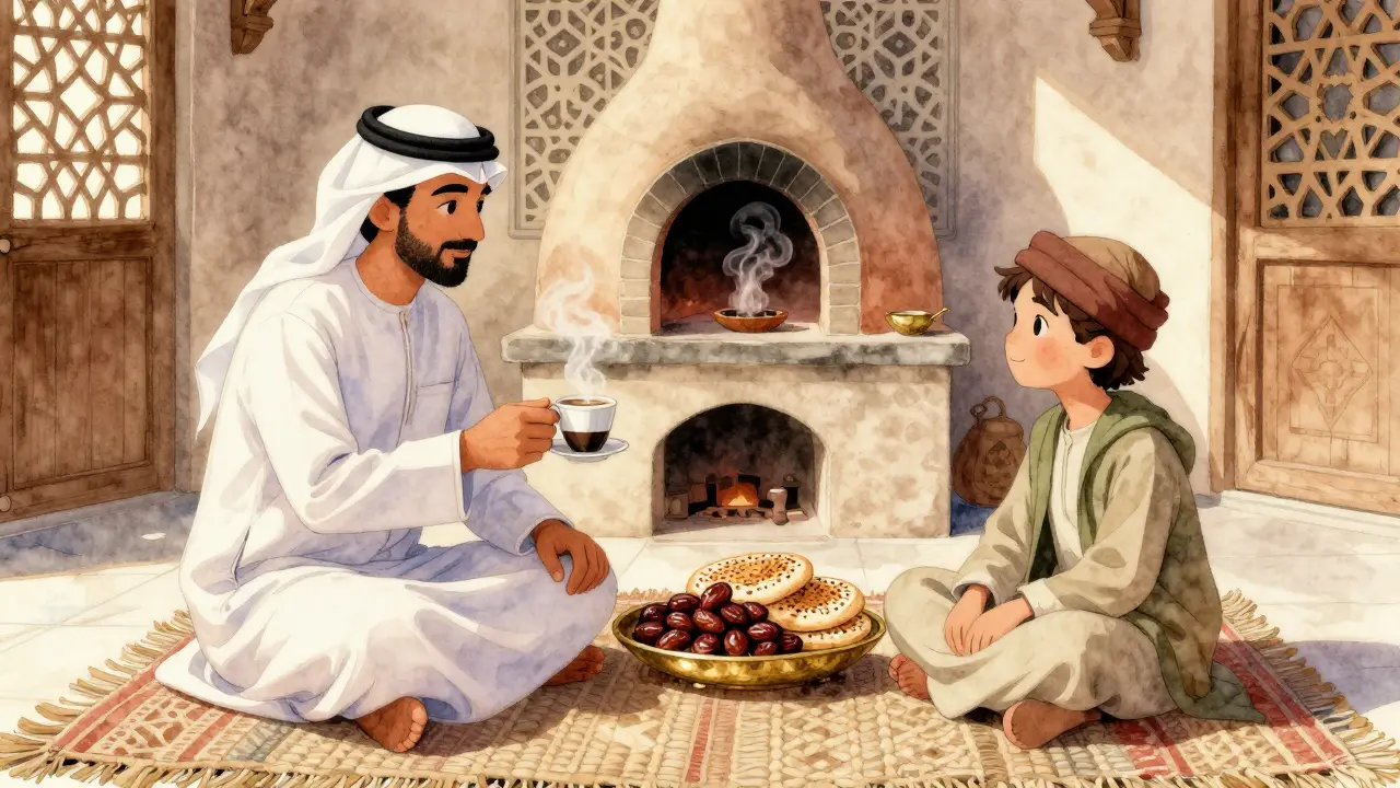 Two people share Arabic coffee in a traditional majlis, surrounded by dates, bread, and intricate wooden screens casting soft shadows.