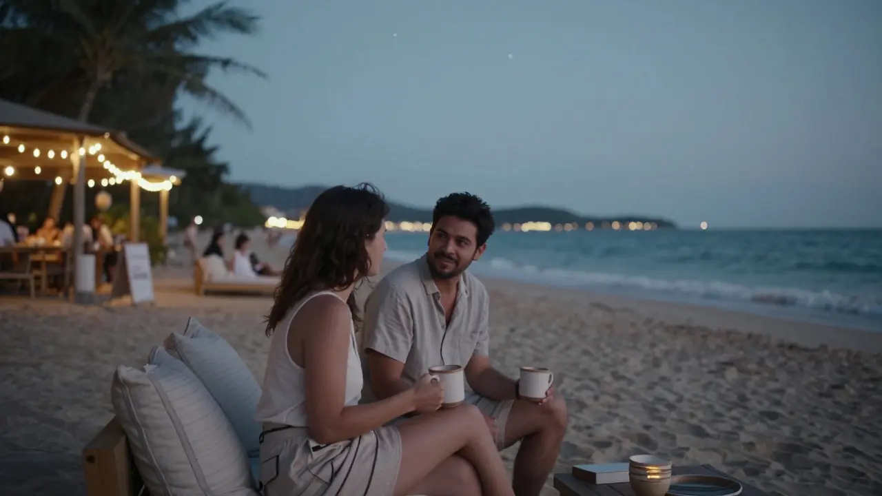 Two people sitting calmly at a beachside café on La Mer after dark, sharing a quiet moment.