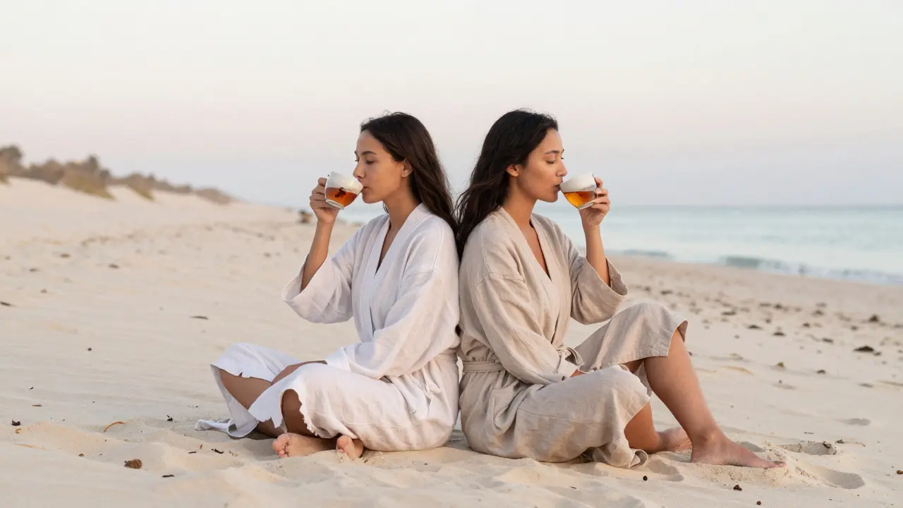 Two people sitting peacefully on Jumeirah Beach at sunrise, wrapped in robes, drinking tea together.