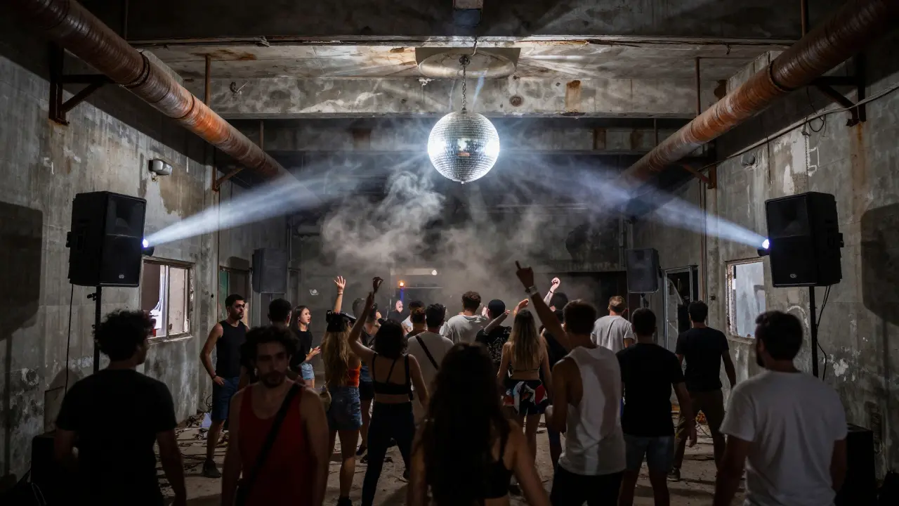 Underground warehouse rave with dancers moving under strobe lights at dawn