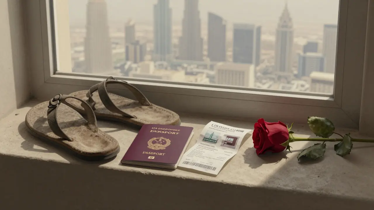 Worn sandals, a passport, and a wilting rose on a windowsill overlooking Dubai&#039;s skyline.