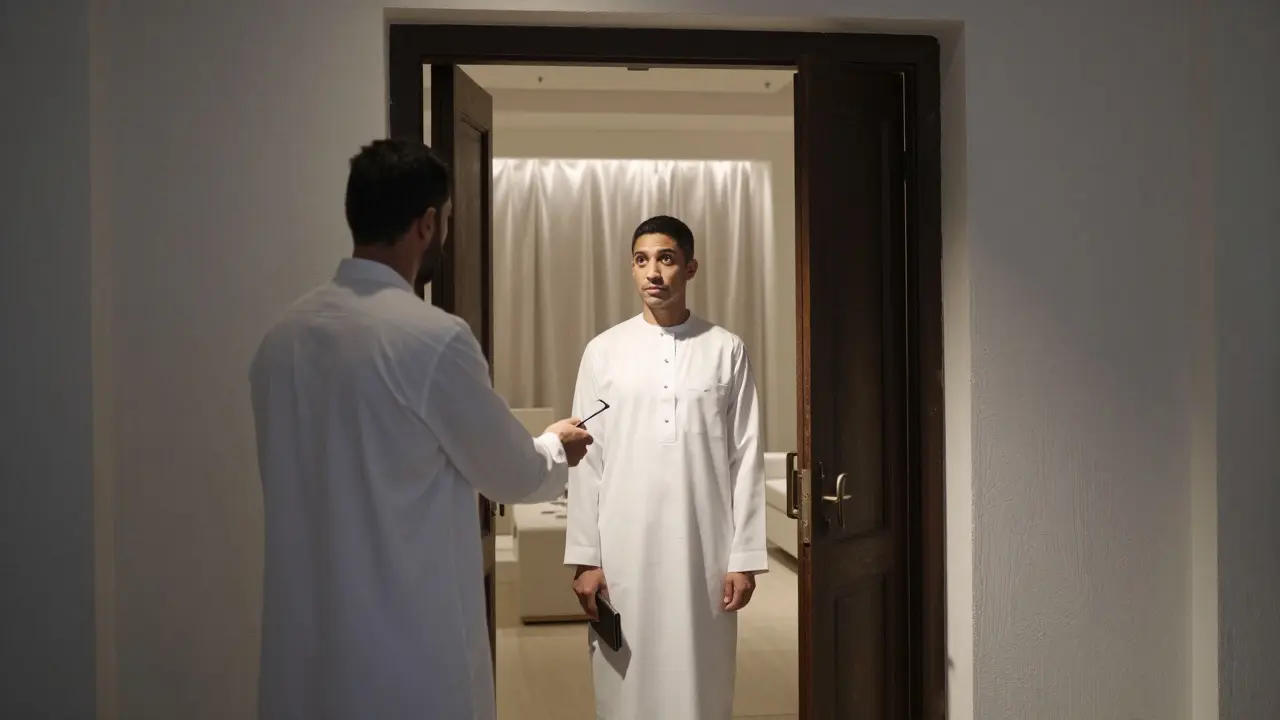 A bouncer inspects a guest's white outfit at a hidden entrance, rejecting a single black thread.