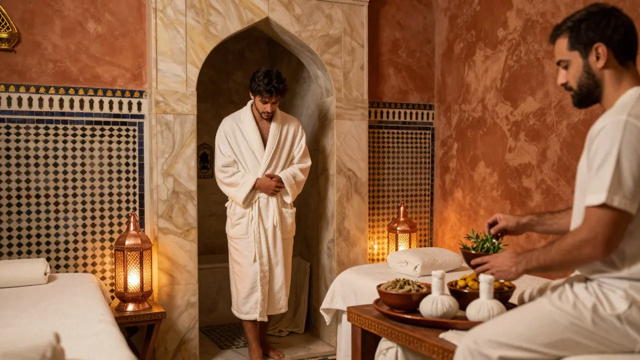 A client in a robe emerging from steam in a traditional Arabian Hammam, surrounded by ornate tiles and warm lanterns preparing for massage.