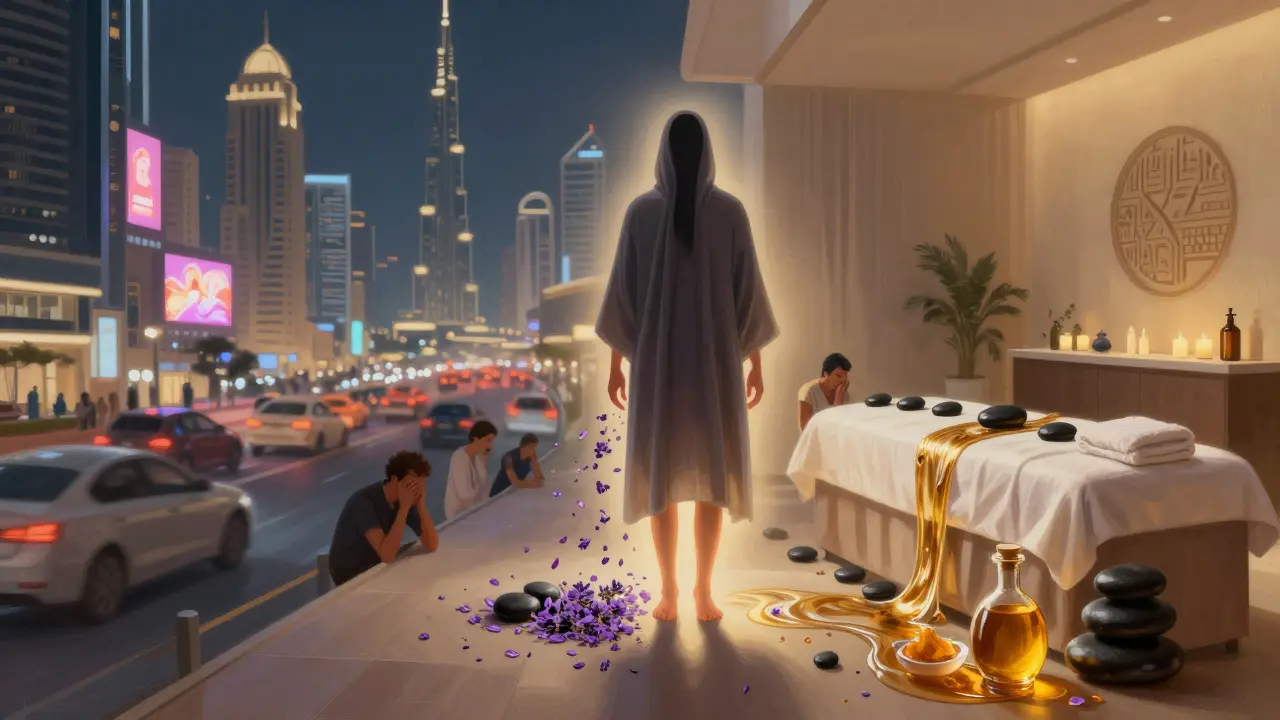 A conceptual split image showing urban stress transforming into peaceful relaxation in a spa environment.