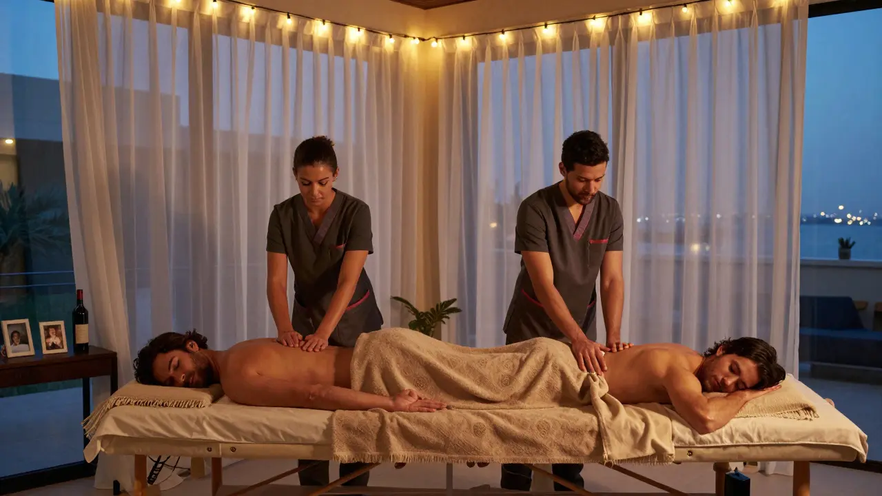 A couple enjoying side-by-side massage therapy in a luxurious Dubai villa bedroom at twilight.