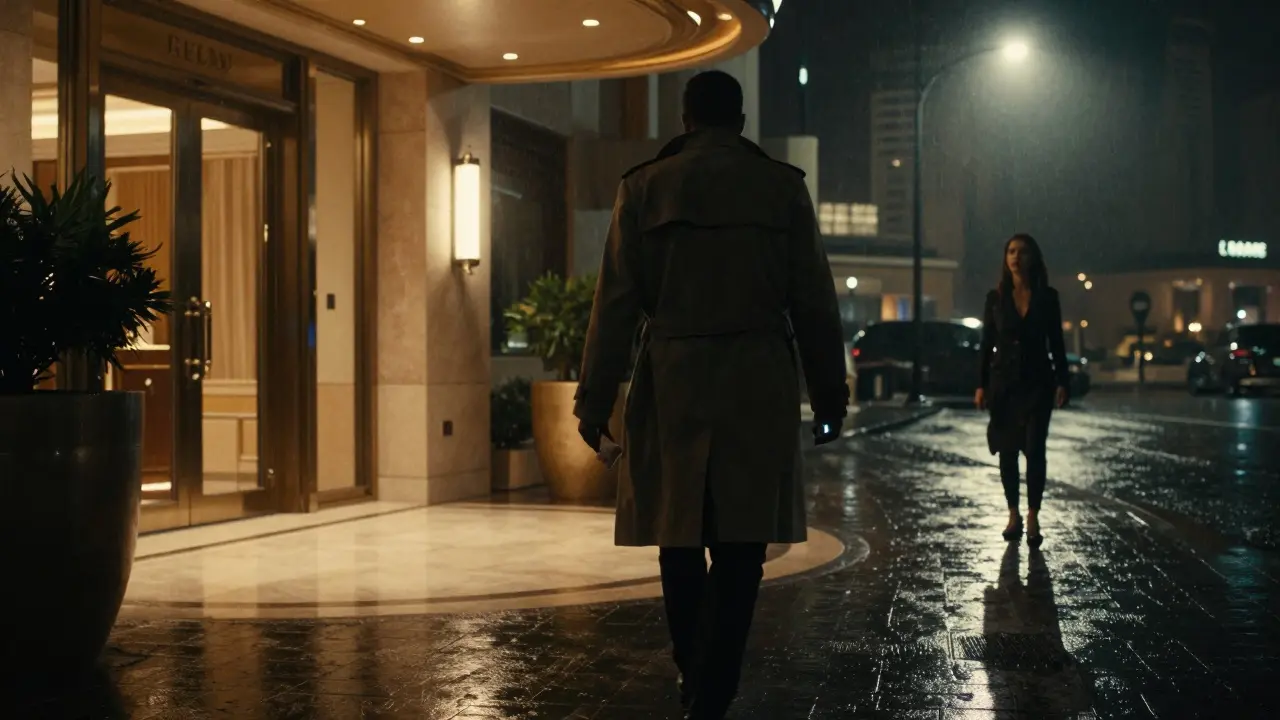 A figure walks away from a luxury hotel at night, holding cash, under a dim streetlamp in Dubai.
