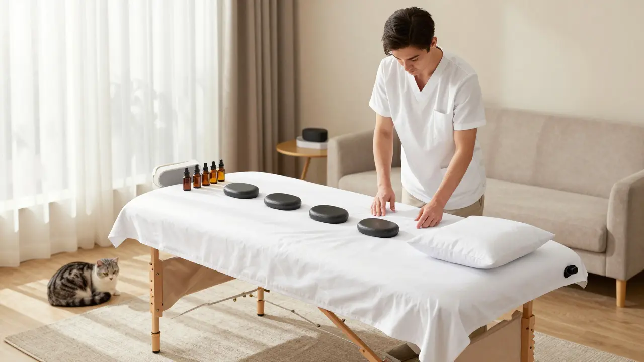 A home massage setup in a quiet Dubai living room with heated stones, oils, and a cat napping nearby.