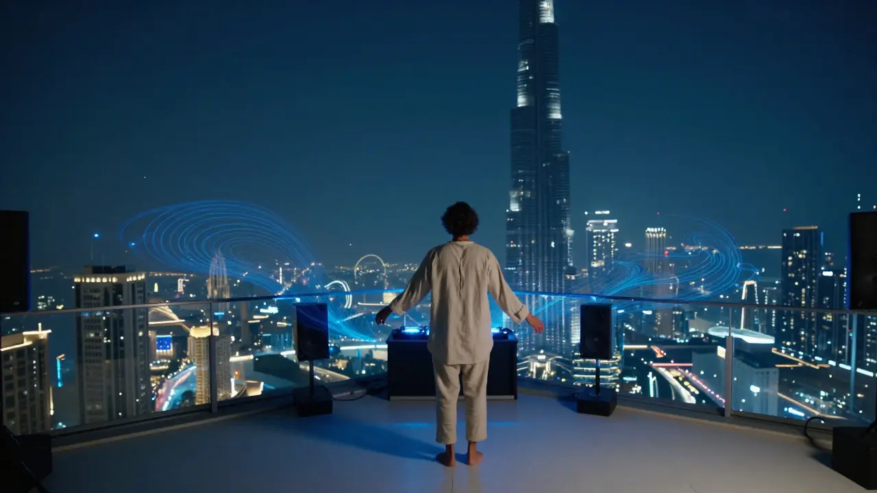 A lone person standing barefoot on a white rooftop terrace under a starry sky, city lights below.