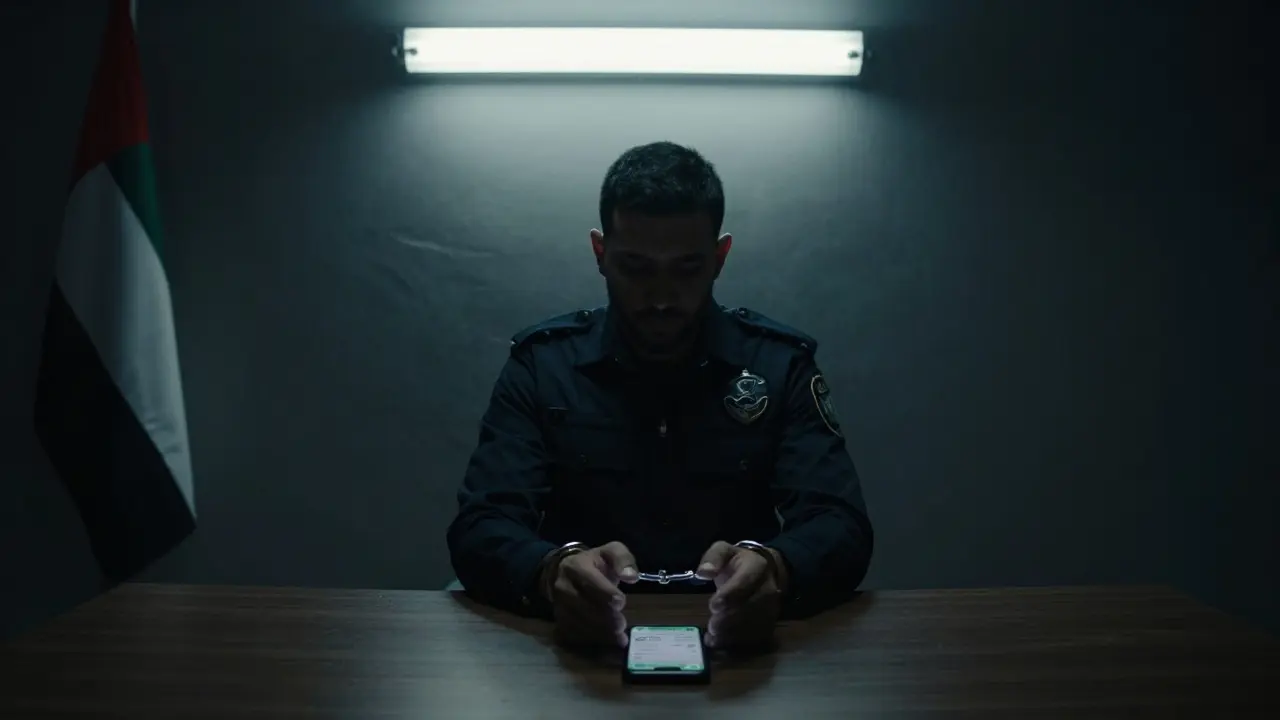 A man sits in a police interrogation room with his seized phone on the table, shadows looming.