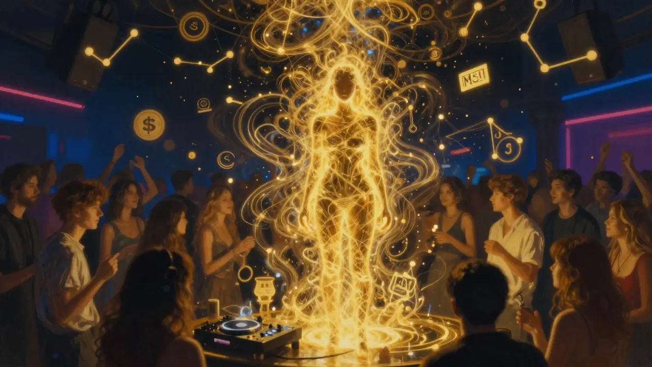A model radiates golden energy in a crowded club, with abstract figures and logos swirling around her in a surreal glow.