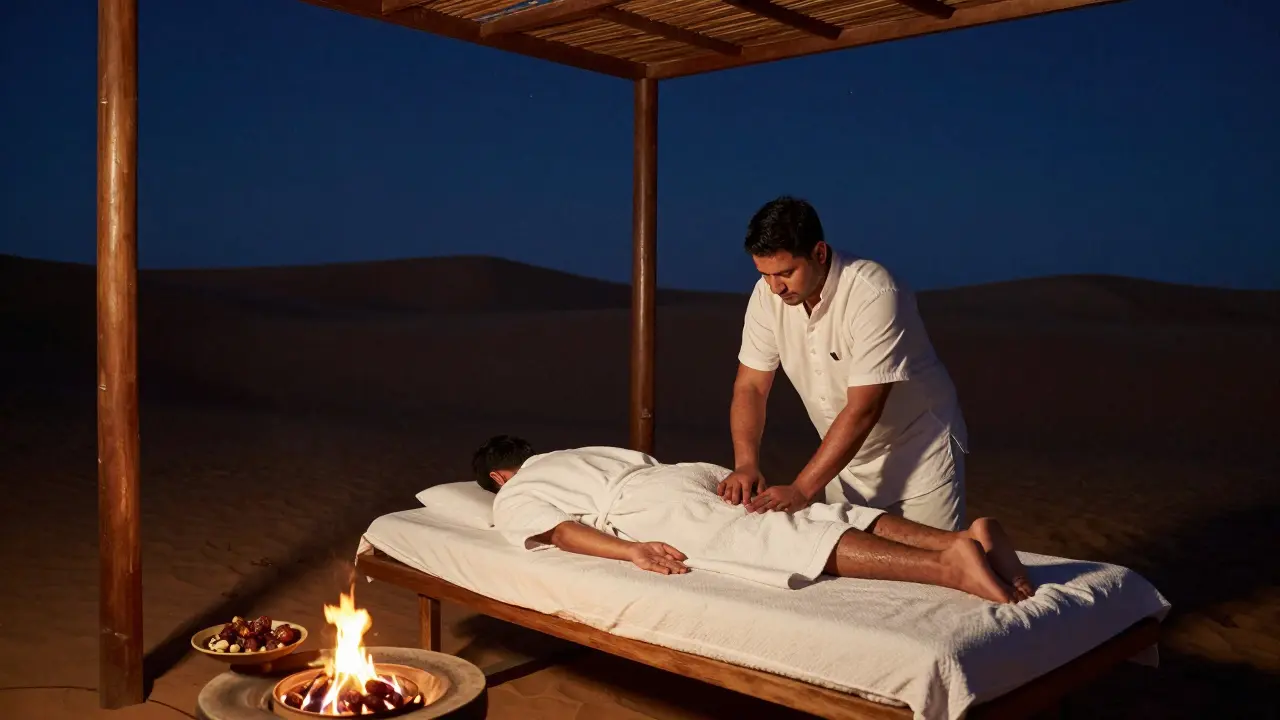 A nighttime desert massage under stars, client receiving Ayurvedic oil treatment in a quiet cabana.