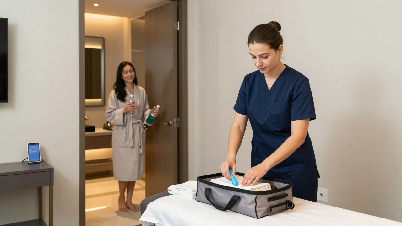 A professional therapist packing equipment after a home massage session in a clean, tidy Dubai hotel room.