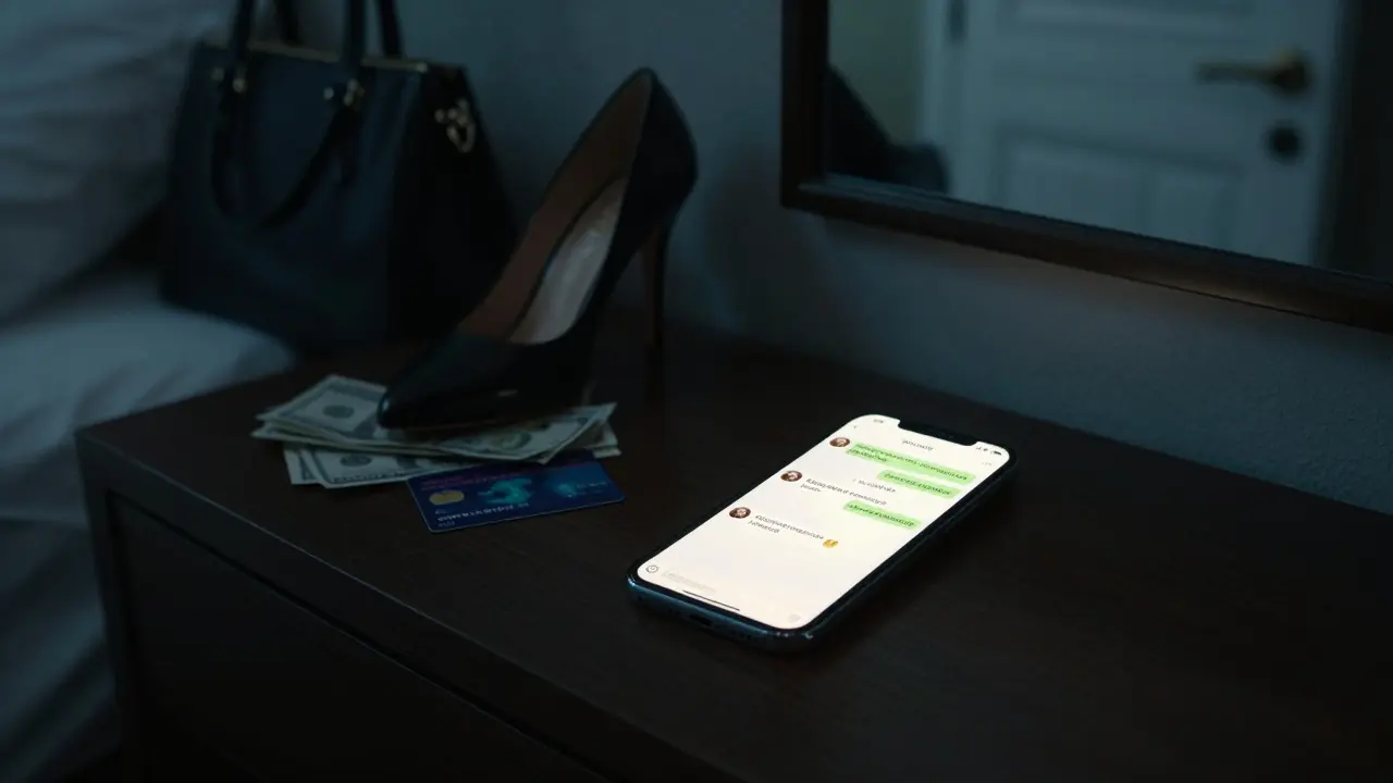 A smartphone displaying encrypted Telegram messages on a hotel bed, next to cash and a luxury handbag in shadowy lighting.