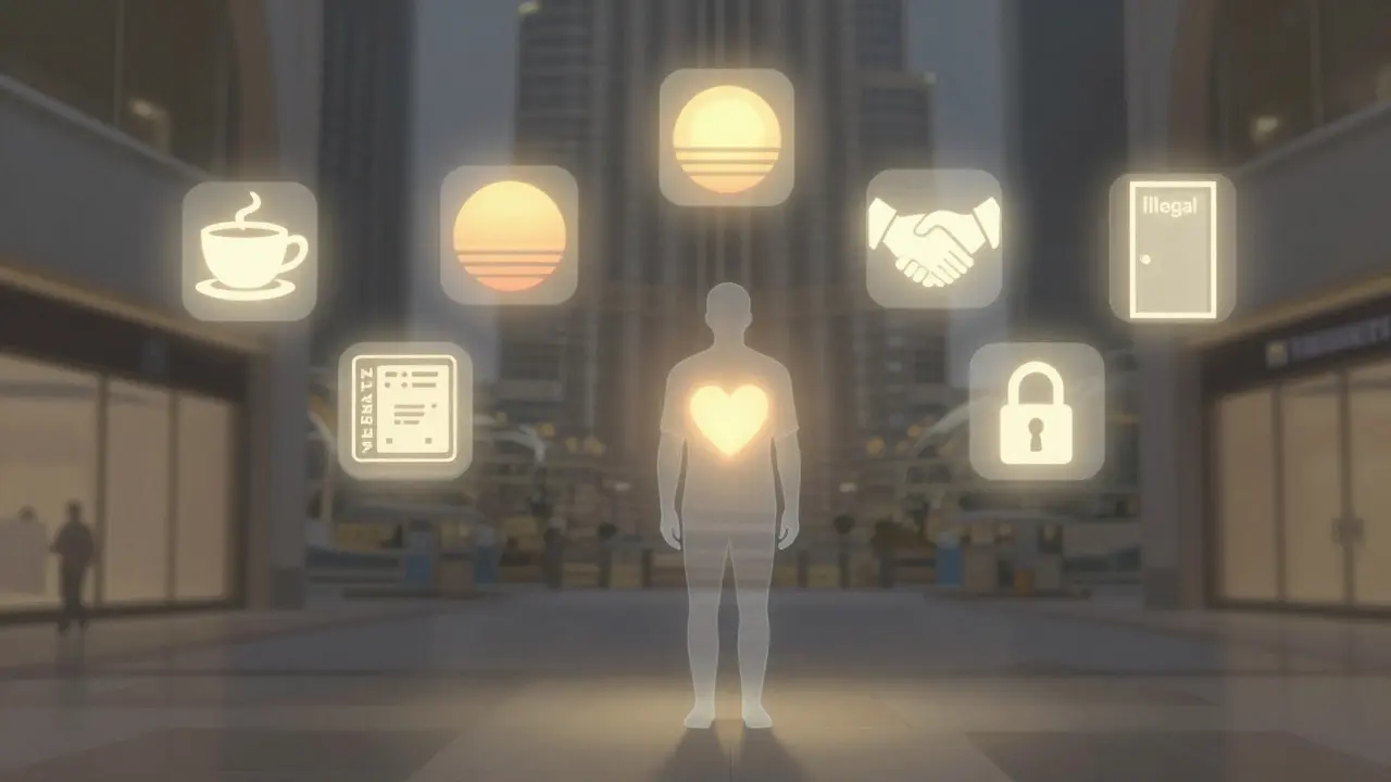 A solitary figure in Dubai Mall surrounded by symbolic icons of connection and legal risk.