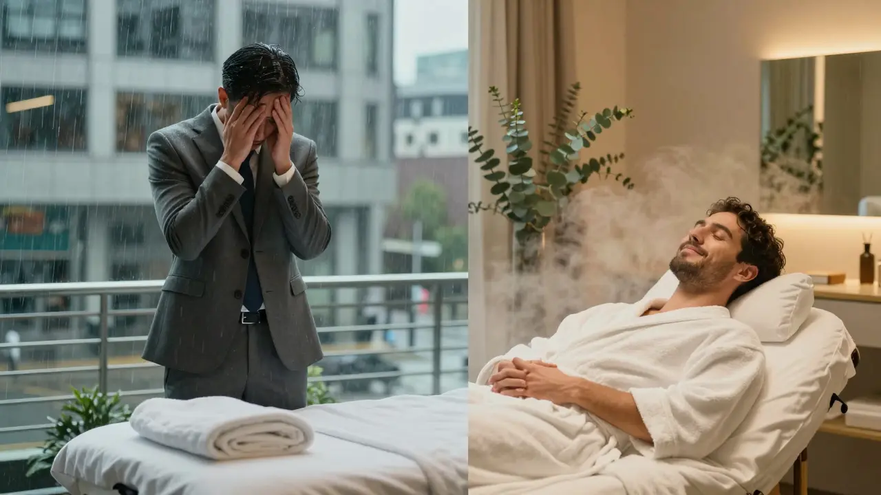 A stressed commuter transformed into a relaxed spa guest, showing contrast between city pressure and massage therapy calm.