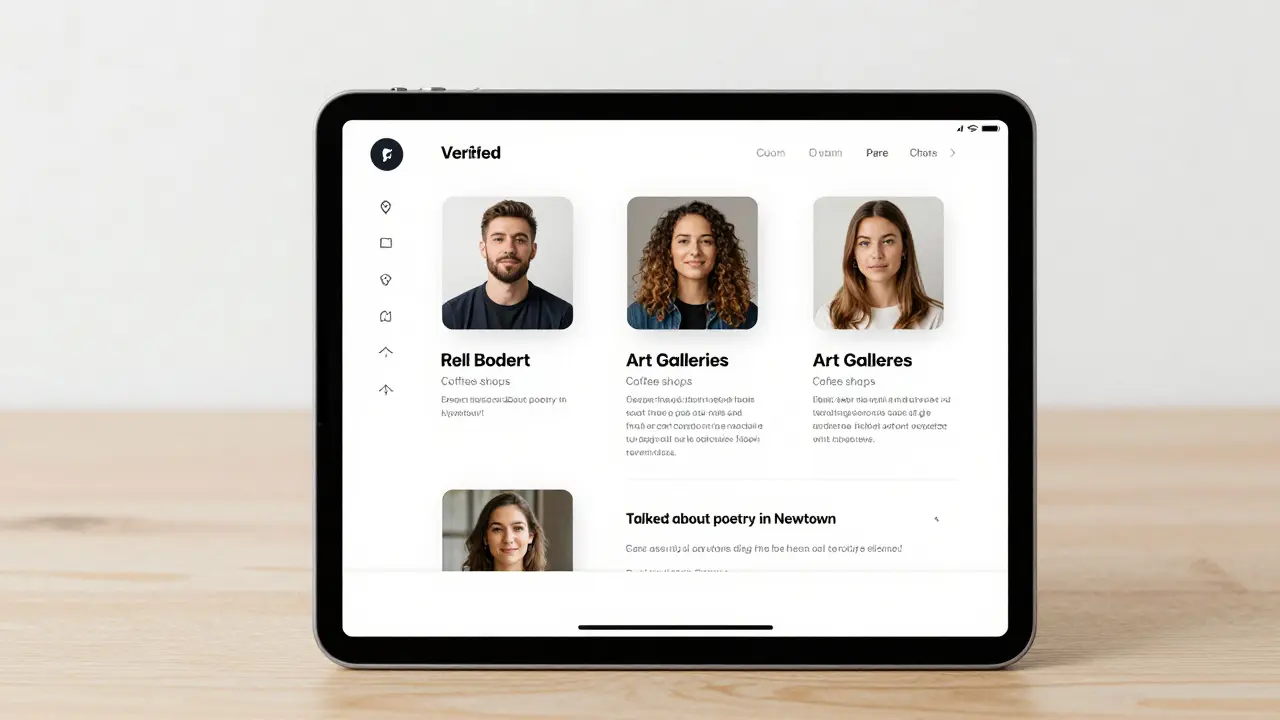 A tablet displays verified Sydney escort profiles with realistic photos and thoughtful bios, no suggestive content.