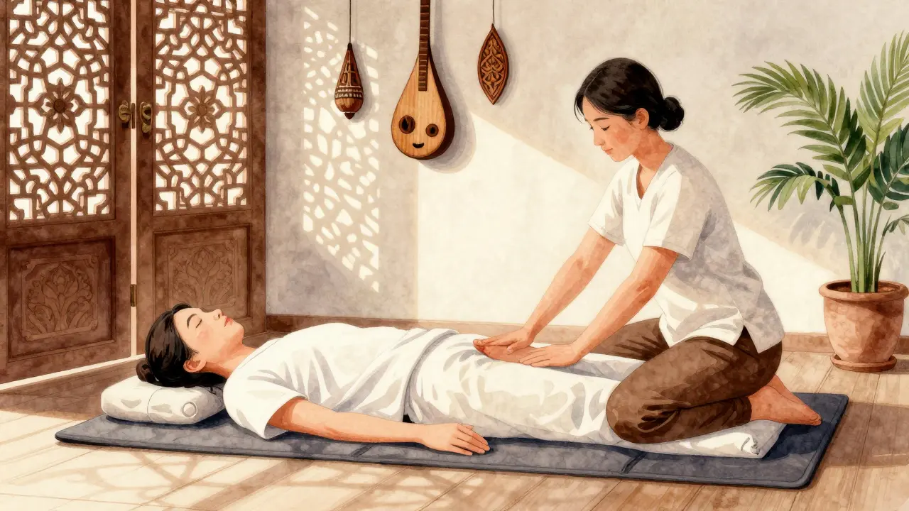 A Thai massage therapist gently stretching a client on a mat, sunlight filtering through decorative screens.