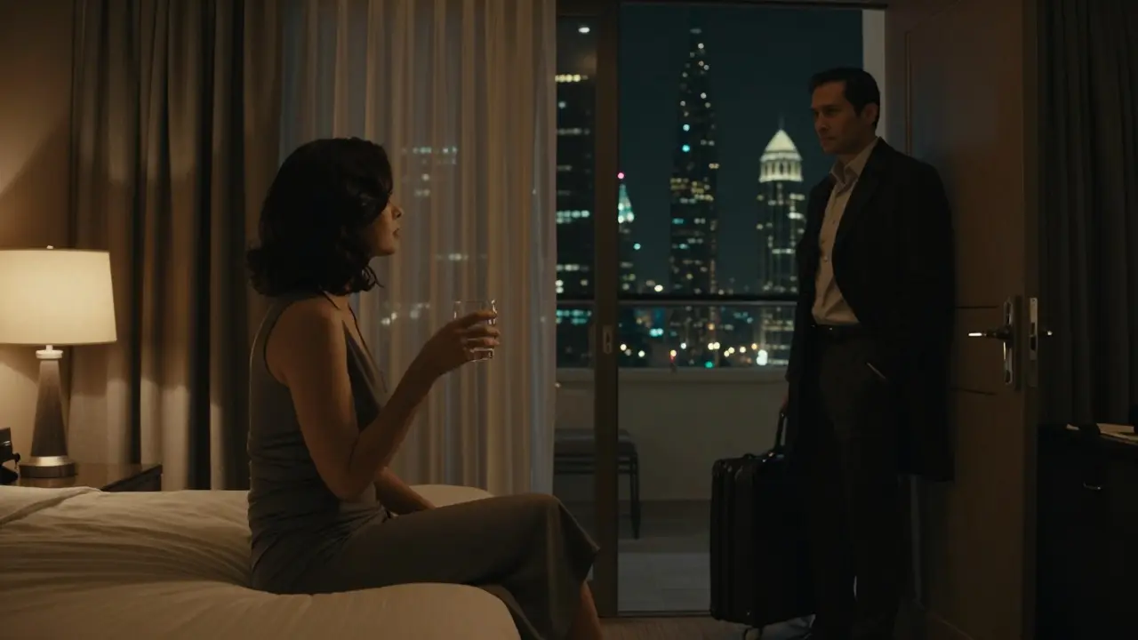 A woman and man sit apart in a hotel room at night, city lights glowing through curtains, no physical contact.