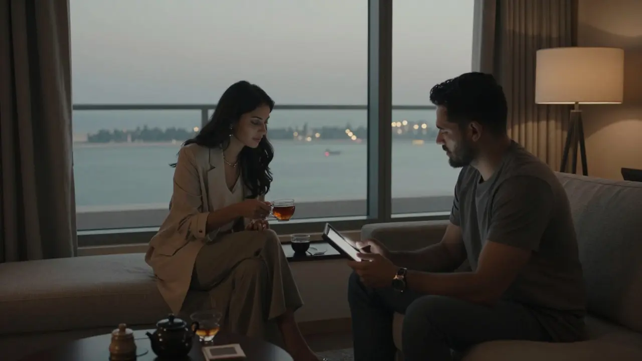A woman prepares tea in a modern Dubai apartment as a man relaxes nearby, no signs of transaction.