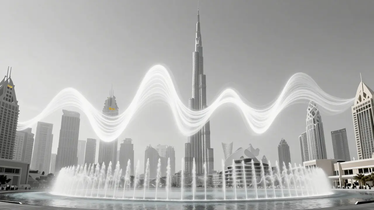 Abstract white soundwaves rising from a minimalist rooftop, blending with the city skyline at night.