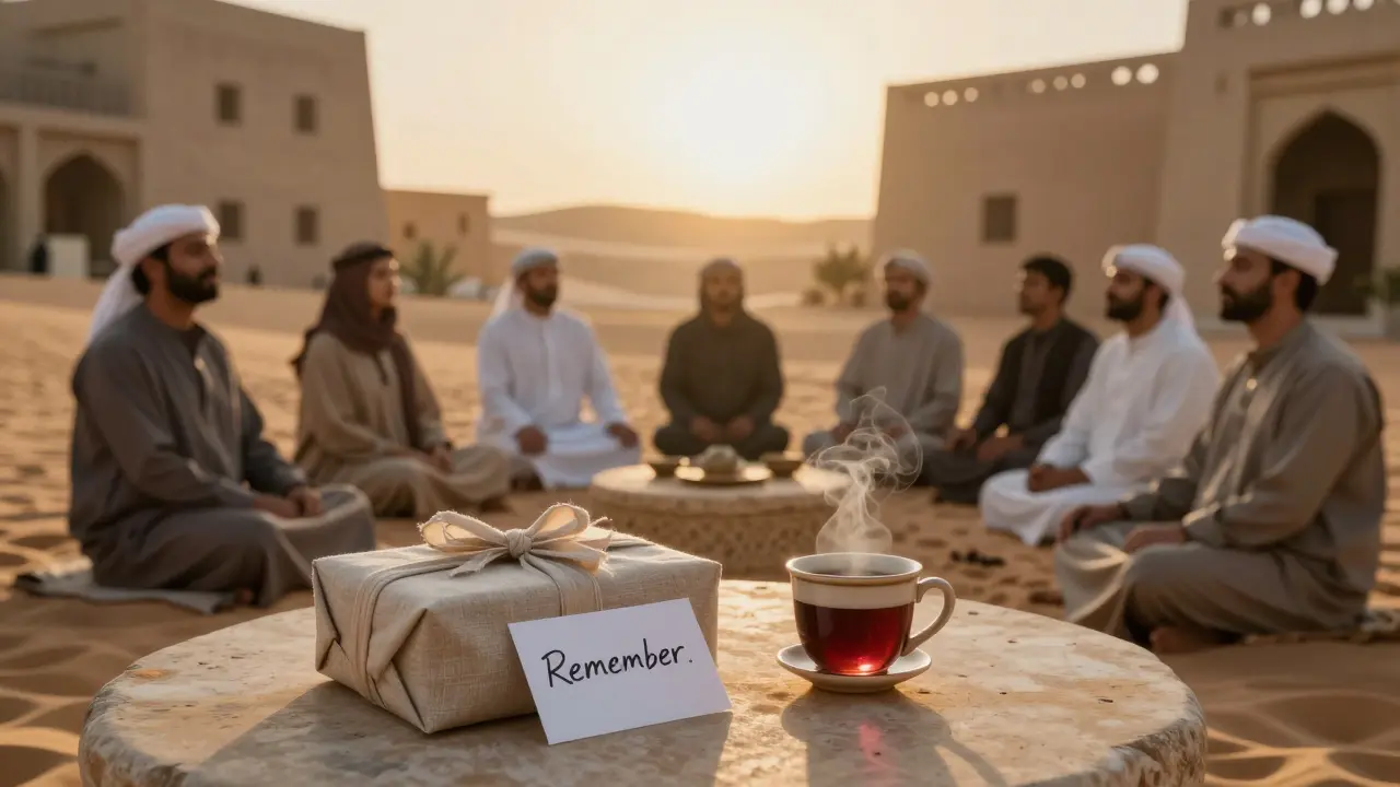 At dawn, people sit in silent reflection in a hidden courtyard as sunlight turns the sand gold.