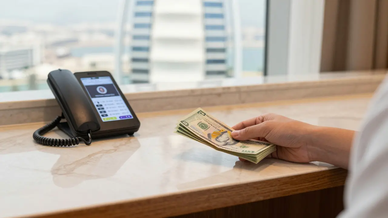Cash on a marble counter next to a phone showing a verified escort profile, with Burj Al Arab blurred in the background.